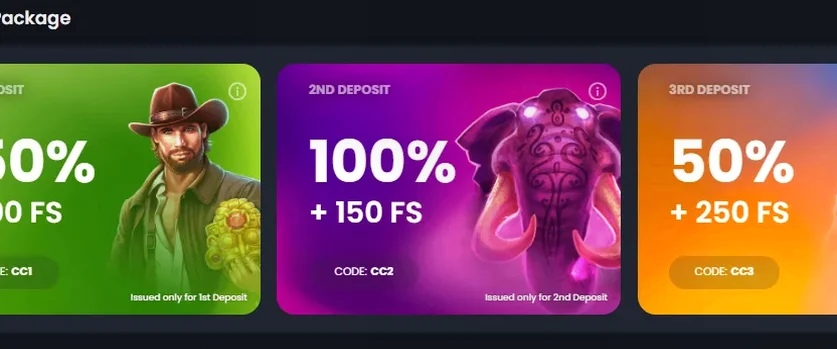 Crownz Casino — 1st: 150% up to €1,000 + 100 FS; 2nd: 100% up to €1,500 + 150 FS; 3rd: 50% up to €2,500 + 250 FS